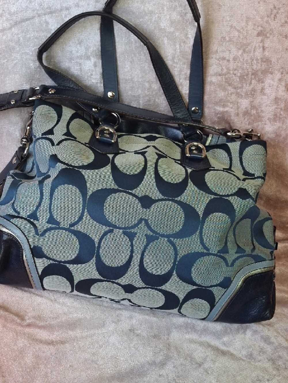 EUC COACH ASHLEY DENIM BLUE Jacquard Navy Trim Large Bag - Picture 3 of 9